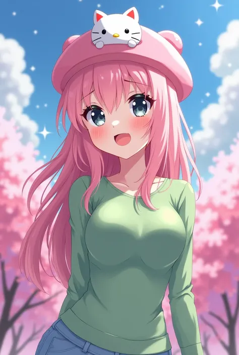 Anime girl with light pink hair, large breasts, wearing a green shirt, slim and beautiful with black eyes, a light pink Hello Kitty hat, cute.