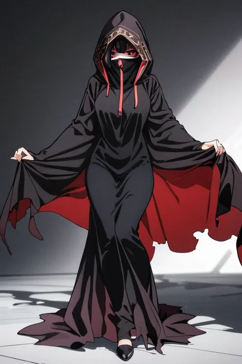 NNAssassinFSF, 1girl, solo, median breasts, black hair, red eyes, long cape sleeves, sleeves covered hands, no hands, dress, long cape, cape, long skirt, black cloak, hood up, black robe, covered mouth, hooded cloak, ((masterpiece, best quality)) rooms, da...