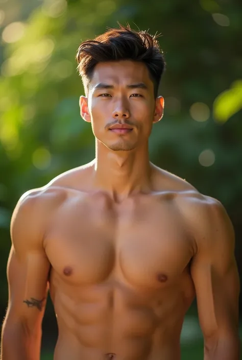 Handsome Asian man, muscular and sexy, has broad chest and pink nipples, these nipples are very big