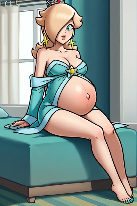 score_9, score_8_up, 1girl, solo, rosalina, style parody, thick outlines, lace robe, maternity robe, panties, pregnant belly, big belly, sleeveless, strapless, cleavage, indoors, Sitting, aqua Toenails, 