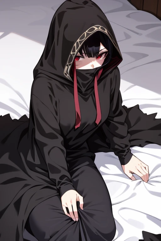 NNAssassinFSF, 1girl, solo, black hair, red eyes, long cape sleeves, sleeves covered hands, no hands, dress, long cape, cape, black cloak, hood up, black robe, covered mouth, hooded cloak, ((masterpiece, best quality)) rooms, bedroom, laying down 