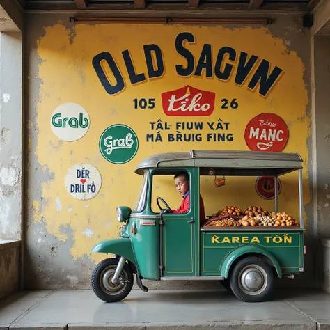 Create a vintage advertisement wall backdrop inspired by old Saigon, Vietnam. The backdrop should feature aged, weathered walls with faded, hand-painted advertisements in Vietnamese. Include elements like retro typography, traditional Vietnamese fonts, and...