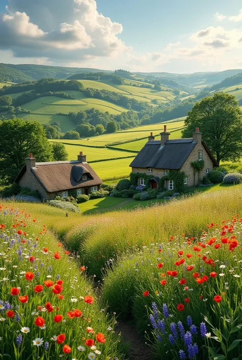 In the English countryside, rolling meadows are a patchwork of vibrant greens and a riot of colorful flowers. Poppies, bluebells, and daisies create a vivid tapestry that stretches across the landscape. Traditional stone cottages with thatched roofs are ne...