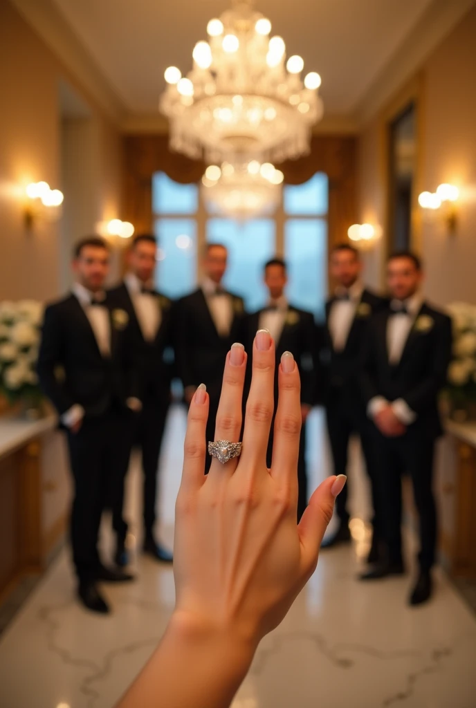 A womans hand with 5 fingers wearing one ring marrying 5 grooms, The view in the wedding hall