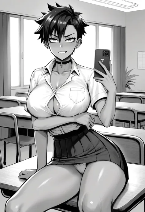 1female, 1girl, Monochrome, slightly dark skin, skirt, Japanese high school skirt, tight dress shirt, medium tomboy haircut, medium tomboy hairstyle, sexy soft face, sexual face, extremely feminine face, female jawline, manga style, (angled front side view...