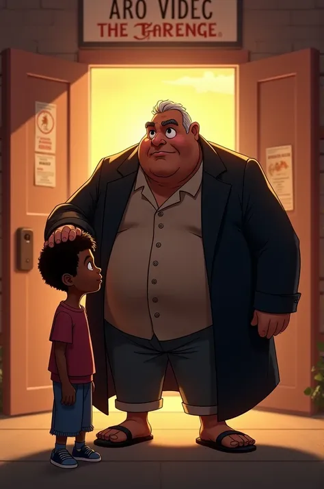 Create an animated poster for "THE GRAND FATHER2: The Revenge" by Disney. The picture must have a logo Disney and the title  In the picture, there is a young fat black boy in front of a high school and the spirit of an old uncle grabs the boys shoulder.