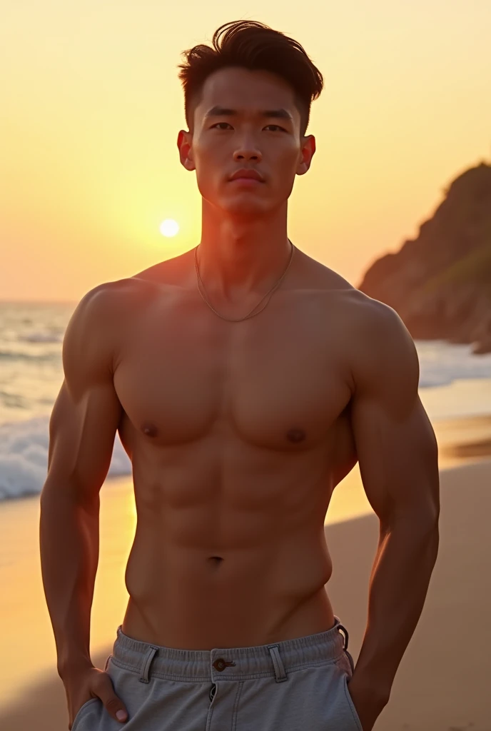 Handsome Asian man, muscular and sexy, has broad chest and pink nipples, these nipples are very big