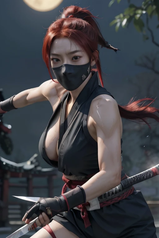 Highest quality,Ultra HD,Best AI Images, Full body photo,(beautiful face like a Japanese actress), ((Red Hair 1.2)，((Sweaty 1.4))，Very detailed vfx portrait of, Female Ninja, Japanese kunoichi, cgsociety and Zhong Feng Hua, Covert behavior, Female Ninja, (...