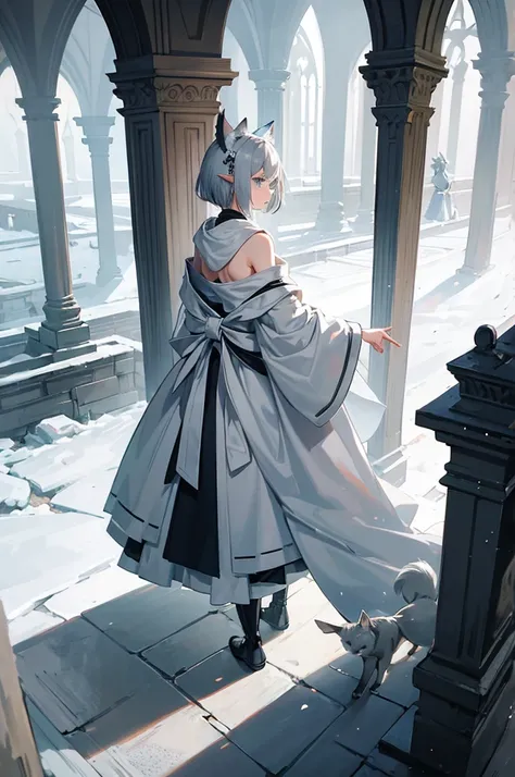 Gray and white shoulder-length short hair，Girl，Facing away from the camera，Elf ears，No headdress，No cat ears，Wear a magicians robe，cloak，hood，Long skirt，Boots，full-body shot，Back，Back photo，Don&#39;t face，No background，Do not take a frontal photo，Leave，lea...