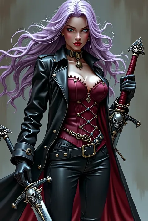 Illustrating Marionne, the demon huntress, She has long wavy lilac violet hair and gray eyesclad in a form-fitting black leather outfit, comprising a wine leather trench coat, a snug red corset embellished with belts and chains, coordinated pants, long lea...