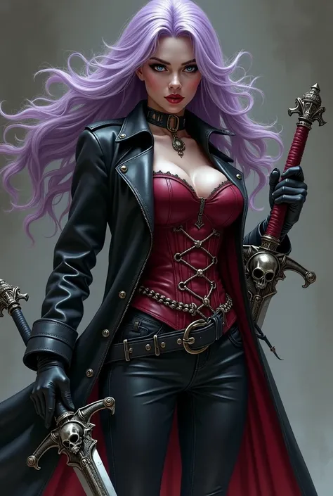 Illustrating Marionne, the demon huntress, She has long wavy lilac violet hair and gray eyesclad in a form-fitting black leather outfit, comprising a wine leather trench coat, a snug red corset embellished with belts and chains, coordinated pants, long lea...