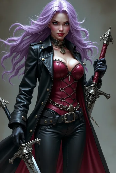 Illustrating Marionne, the demon huntress, She has long wavy lilac violet hair and gray eyesclad in a form-fitting black leather outfit, comprising a wine leather trench coat, a snug red corset embellished with belts and chains, coordinated pants, long lea...