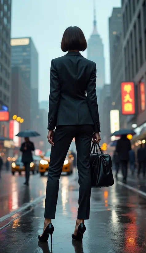 woman on the sidewalk, waiting for a taxi, pouring rain, lead-colored business suit, high heels, holding briefcase, brunette, short, athletic body, cloudy day.