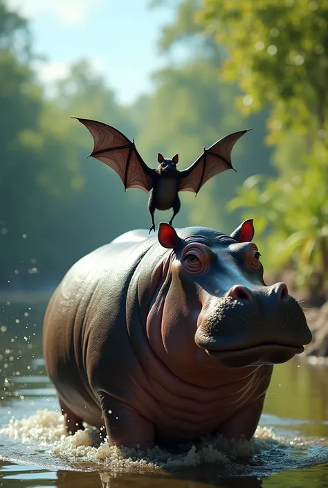 A bat carrying a hippopotamus, small bat enormous hippopotamus, large hippopotamus small bat, normal bat hippopotamus large