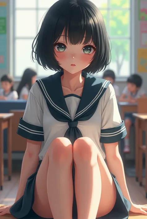 masterpiece, Highest quality, figure, Very detailed, The finer details, High resolution, 8k,wallpaper, Perfect dynamic composition,(Detailed high quality, Realistic depiction of eyes:1.3), Sailor suit, Sitting, Leg spread, Short Bob Hair, School, Large Bre...