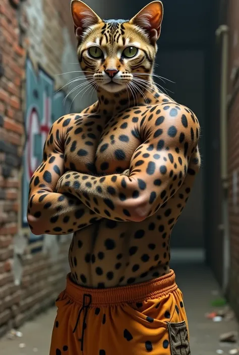 Egyptian Mau cat with huge muscles like bodybuilding champions wearing prison 
‏clothes realistic real