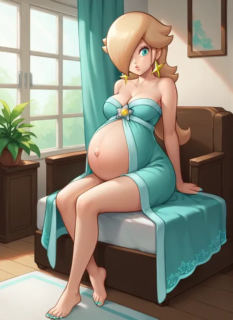 score_9, score_8_up, 1girl, solo, rosalina, style parody, thick outlines, lace robe, maternity robe, panties, pregnant belly, big belly, sleeveless, strapless, cleavage, indoors, Sitting, aqua Toenails, 