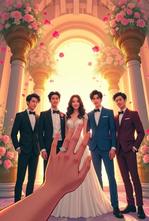 A womans hand with 5 fingers wearing one ring marrying 5 grooms, scene in the wedding hall manhwa version