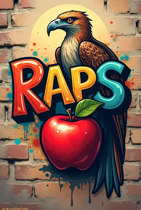 a logo that says RAPS with a raptor and a red apple that looks drawn, something simple and with graffiti typography


