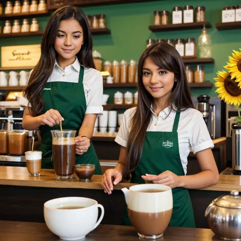 Show me a slim young girl with light brown brown teas dressed as a barista in a coffee shop with some green tones, black long hair, sunflower clip, Ms.k tag name, blvk sign name