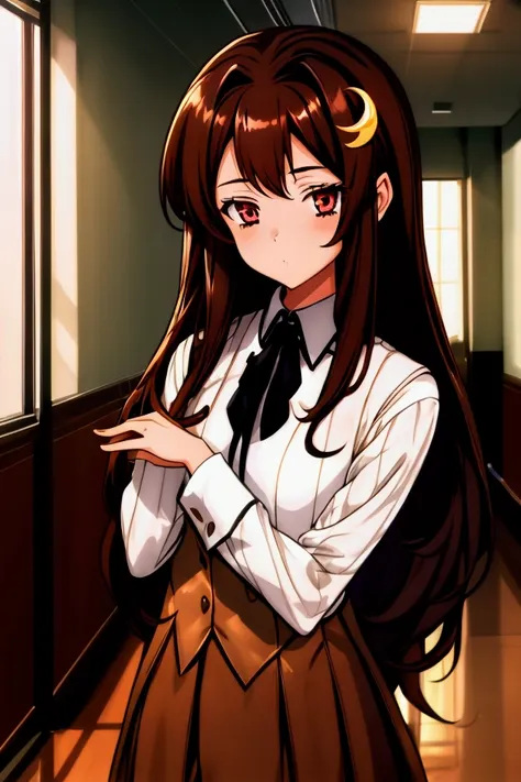 1girl, (((long brown hair))), (((brown eyes))), crescent hair ornament, school uniform, school hallway, indoors