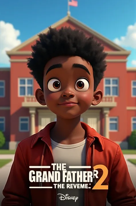 Create an animated poster for "THE GRAND FATHER2: The Revenge" by Disney. The picture must have a logo.  Disney and the title are also in the picture.  In the picture there is a young fatblackboy in front of a high school. face