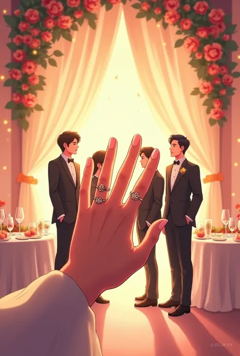 A womans hand with 5 fingers wearing one ring marrying 5 grooms, scene in the wedding hall manhwa version