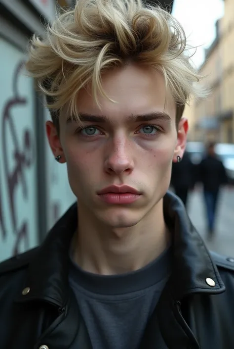 (photorealism:1.2),  a 25 year old boy with messy blond hair , grey eyes , pale skin , thin and pink lips , thin eyebrows , marked jaw, an earring in his eyebrow and a cold appearance 