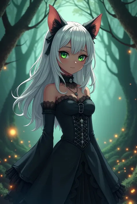 Anime girl with brown skin, green eyes, white hair, and cat ears wearing a black gothic dress. 