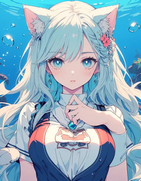 T-shirts, river, under water, ((masterpiece, best quality:1.5)), ((Beautiful detailed cat aqua eyes:1.2)), cat ears, pale skin, medium breasts, beautiful hands, beautiful fingers, EasyNegative