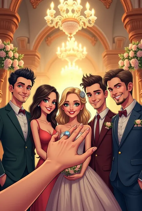 A womans hand with 5 fingers wearing one ring marrying 5 grooms, scene in the wedding hall manhwa version