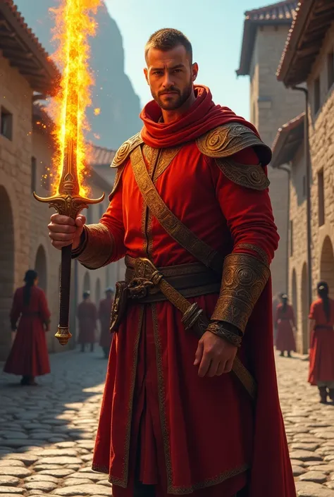 create a character in the medieval era.
An 18-year-old man , with short brown hair(almost bald) ,standing 6 feet tall, weighing 80 kilos.
Wearing a red outfit and a flaming sword