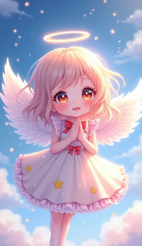 A cute anime style angel girl，With big sparkling eyes and a sweet smile，Floating in the sky。She has fluffy white wings，Soft pastel-colored hair flowing gracefully。She wore a frilly dress decorated with stars with ribbons and bows。surrounded by twinkling st...