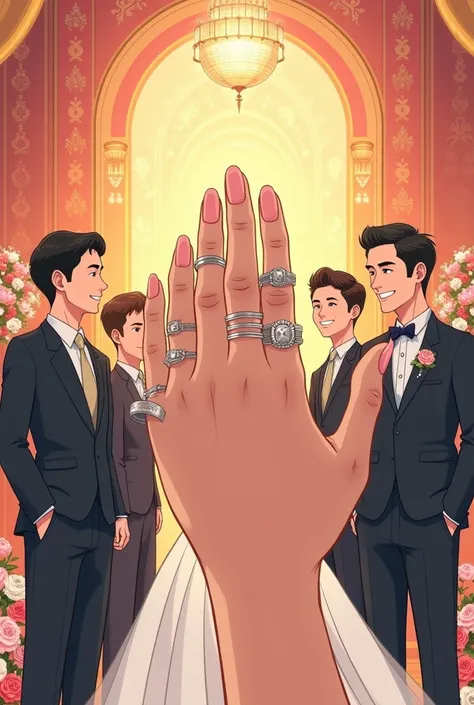 A womans hand with 5 fingers wearing one ring marrying 5 grooms, scene in the wedding hall manhwa version