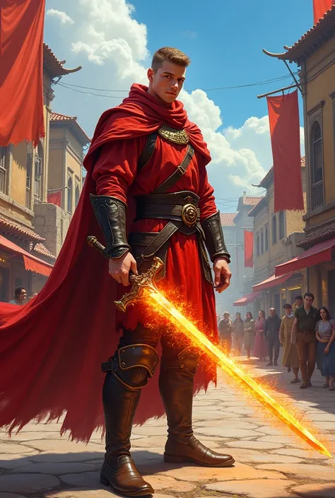 create a character in the medieval era.
an 18 year old young man , with short brown hair(almost bald) ,standing 6 feet tall, weighing 80 kilos.
Wearing a red outfit and a flaming sword