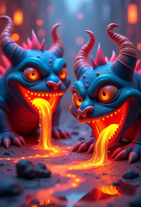 Colorful demons, Hyper-realistic, Artistic, There is cuteness in fear,neonlight,A large amount of magma slipped from the face