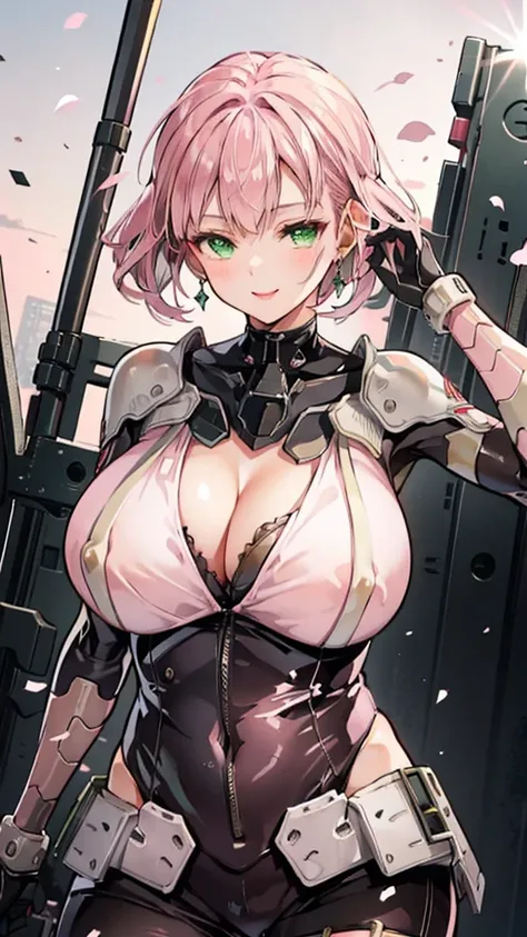 Pink translucent，Arm mecha，Short pink hair，Curly hairstyle，Huge breasts，cleavage，Half body wearing benzene heavy mecha，Sexy，lipstick，Green eyes，Smile，earrings，Nipple showing，Sunlight，Battleship bridge