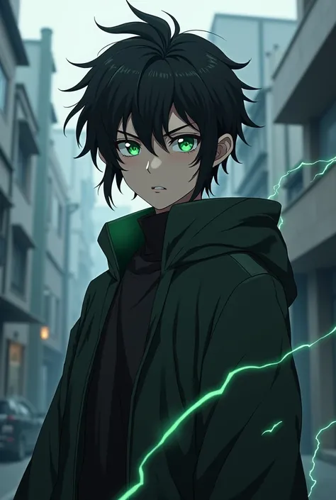 Ok, create a character in the style of the Jujutsu Kaisen anime with 1.80m
With 18 years of age
Black hair
Green eyes
With a more neutral background
