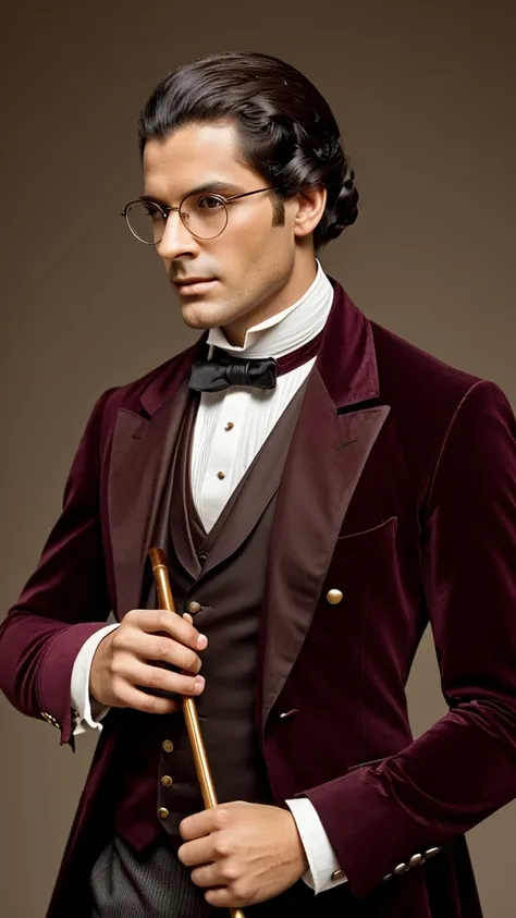 A young man wearing an elegant maroon velvet tailcoat with a carmin and black regency era three piece suit, regency era, long curly dark brown hair in a low ponytail, light brown skin, freackles, brown eyes, elegant, rich, wearing glasses, Bridgerton, clea...