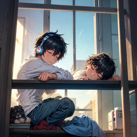 Create an anime style image, of a boy studying in his room near the window, that can see the night city, the boy is wearing headphones listening to music, And on top of your desk, theres a puppy sleeping. 