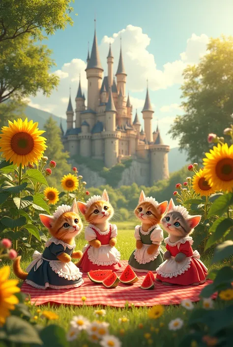 Anthropomorphic cats in maid outfits eating watermelon、Western castle、summer、Lots of sunflowers、garden、beauty、high resolution、high quality、masterpiece