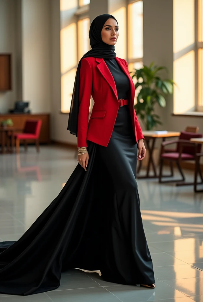 Hijabi women wear two-piece office dress set,dark maxi skirt, wear red peplum blazer, skirt have a very long train about 7 meter long, wear jewellery, sexy pose in office room