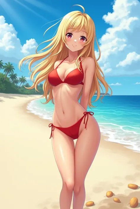 Anime woman in a red bikini with blonde hair
