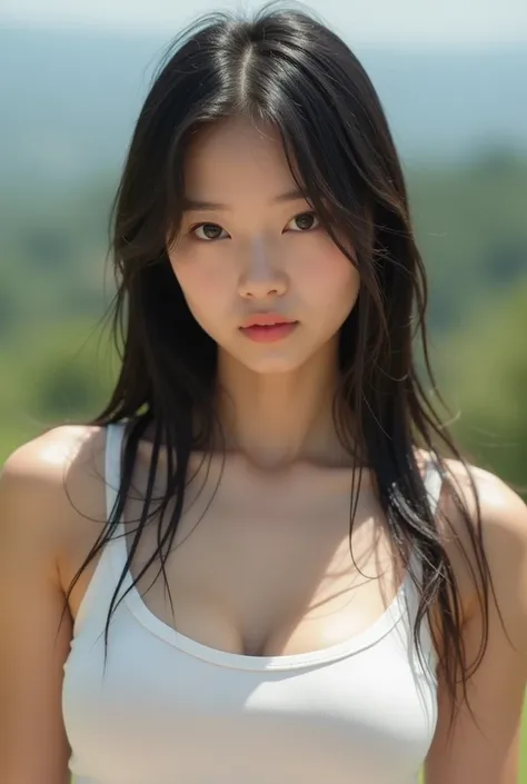 (Best quality, 8k, 32k, Masterpiece, UHD:1.2), NSFW, Big naked size 5 of a Korean girl, ahegao face, sweating, wet white tank top, no bra, outdoor, high noon, front lit, well-lit face, sexy pose