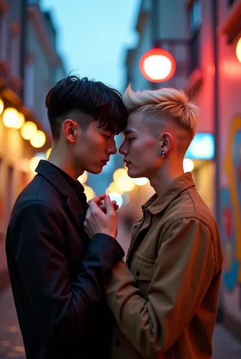 Could you make an image of a couple of guys holding hands, One of the guys has black hair in a garçon cut, Hes thin and tall, The other one is blonde with an E-boy haircut and a bit shorter. They are both MEN, they are both young.