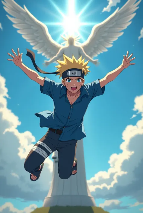 Naruto Uzumaki jumping off the Holy Angel wearing a blue shirt with white stripes