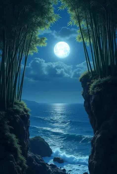 masterpiece, Highest quality、 bamboo forest、cliff edge、night、moon、Ocean、moon光、