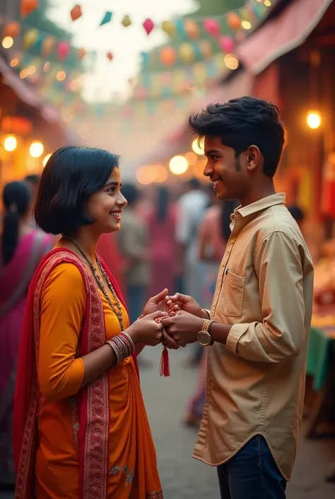 A 18 year old short hair girl gives Rakhi to her 19 year old boy and says Happy Rakshabandhan friend.