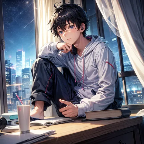 Create an anime style image, of a boy studying in his room near the window, that can see the night city, the boy is wearing headphones listening to music. 