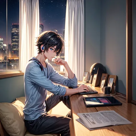 Create an anime style image, of a boy studying in his room near the window, that can see the night city, the boy is wearing headphones listening to music. 